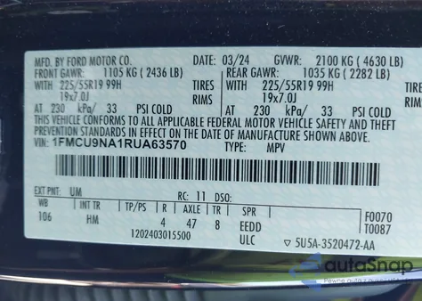 2024 Ford Escape St-Line Select z USA, uszkodzony, nr VIN 1FMCU9NA1RUA63570